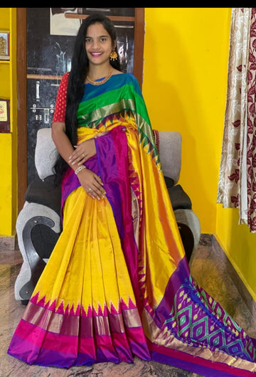 Pochampally-ikkat-Silk-Yellow-Purple-weavesarees.com
